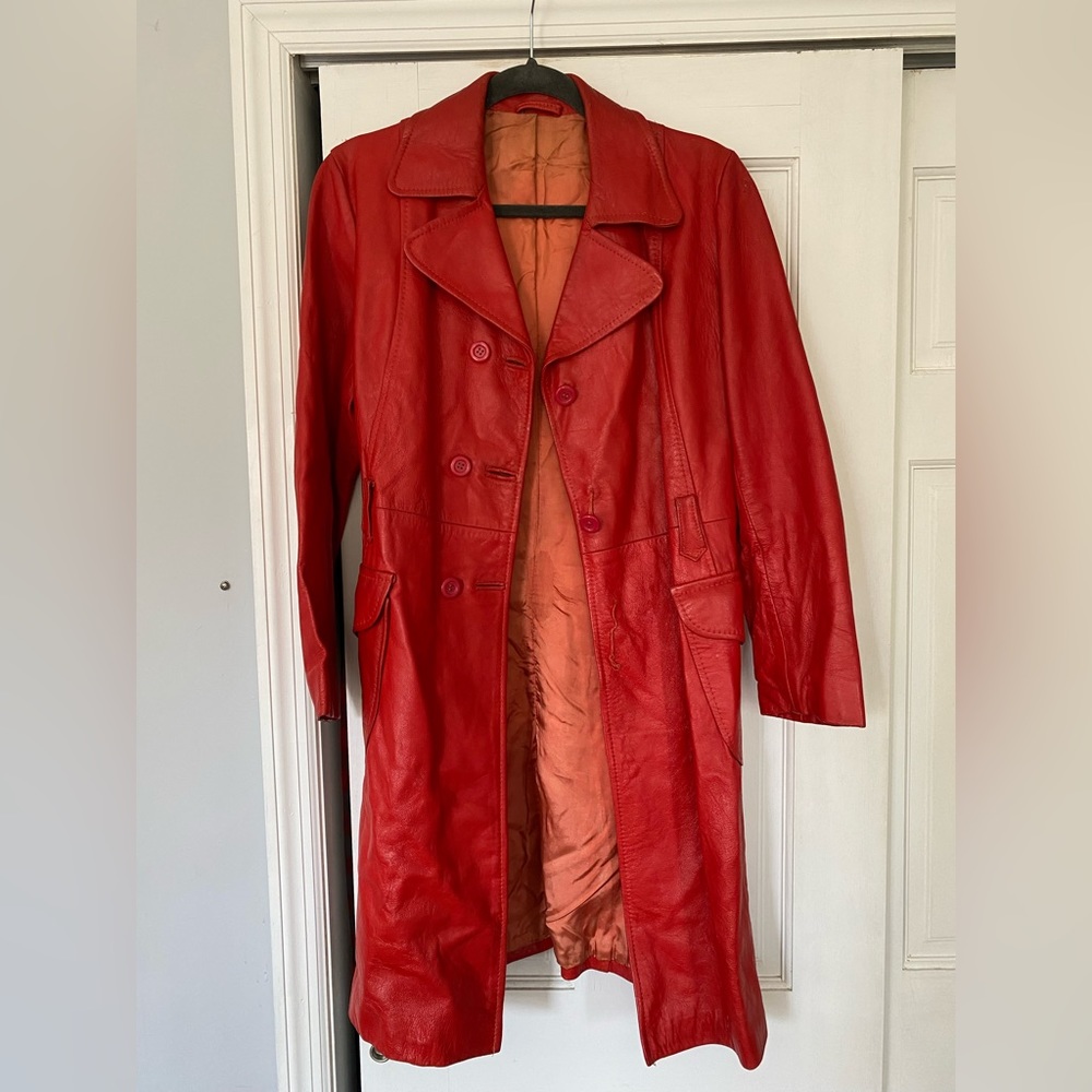1960s Vintage Red Leather Trench Coat - Size S/M